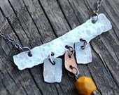 Sterling bar necklace, Mustard bead necklace, Hammered silver necklace