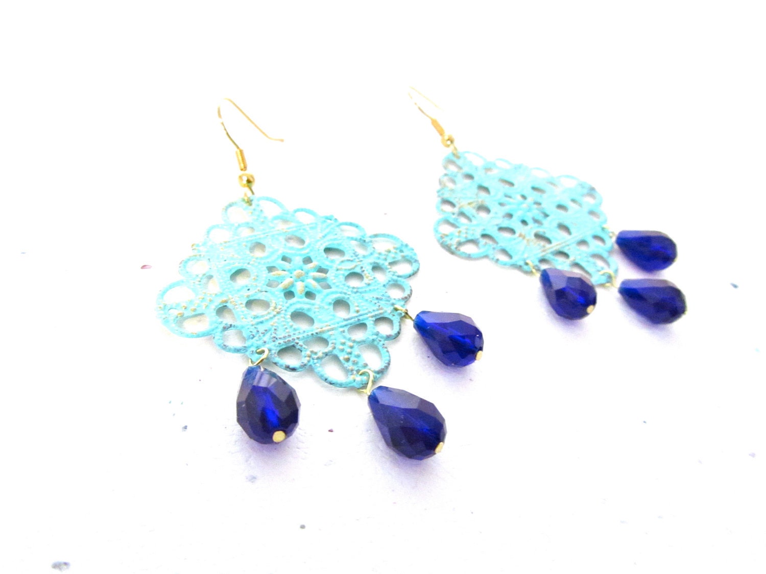 Mint Lace Earrings, Chandelier, Blue Swarovski Teardrops