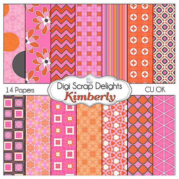 Digital Scrapbooking: Kimberly Digital Scrapbook Paper (Orange and Pink  w Chevron & Quatrefoil), Instant Download