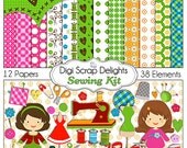 Sewing Digital Scrapbook Kit, Sewing Clip Art, Sewing Machine, Buttons, Scissors, Thread, Needle, Pin Cushion