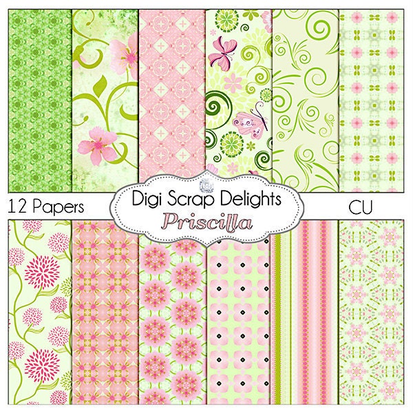 Pink and Green Digital Scrapbook Paper Priscilla for Scrapbooking, Card Making, Photo Backgrounds, Instant Download