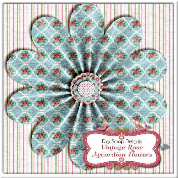 Vintage Rose Accordion Flowers with Stacked Fabric Circles Digital Scrapbook Embellishments, Instant Download