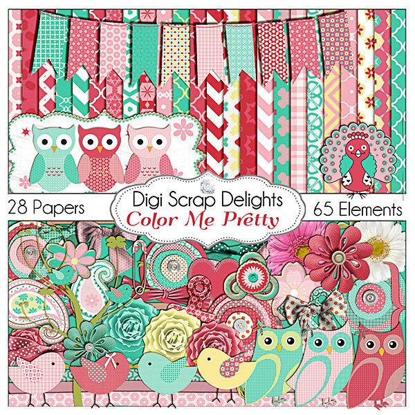 Owl Clip Art / Bird Digital Scrapbook Kit in Pink Red Cards, Invites, Digital Scrapbooking, Instant Download