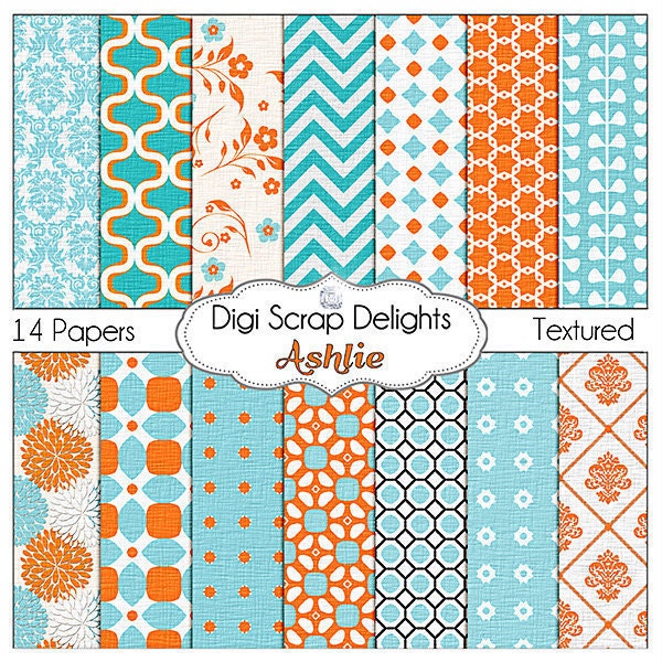Ashlie Scrapbook Paper in Orange & Aqua for Digital Scrapbooking, Crafts, Cards, Photographers, Collage, Instant Download