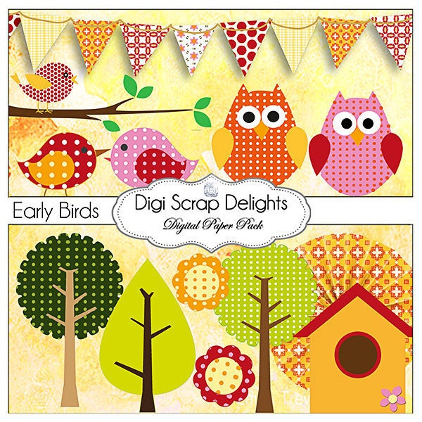 Digital Scrapbooking: Polka Dot or Spotted Owls Scrapbook Element Pack w Owls Orange, Pink, Raspberry, Instant Download