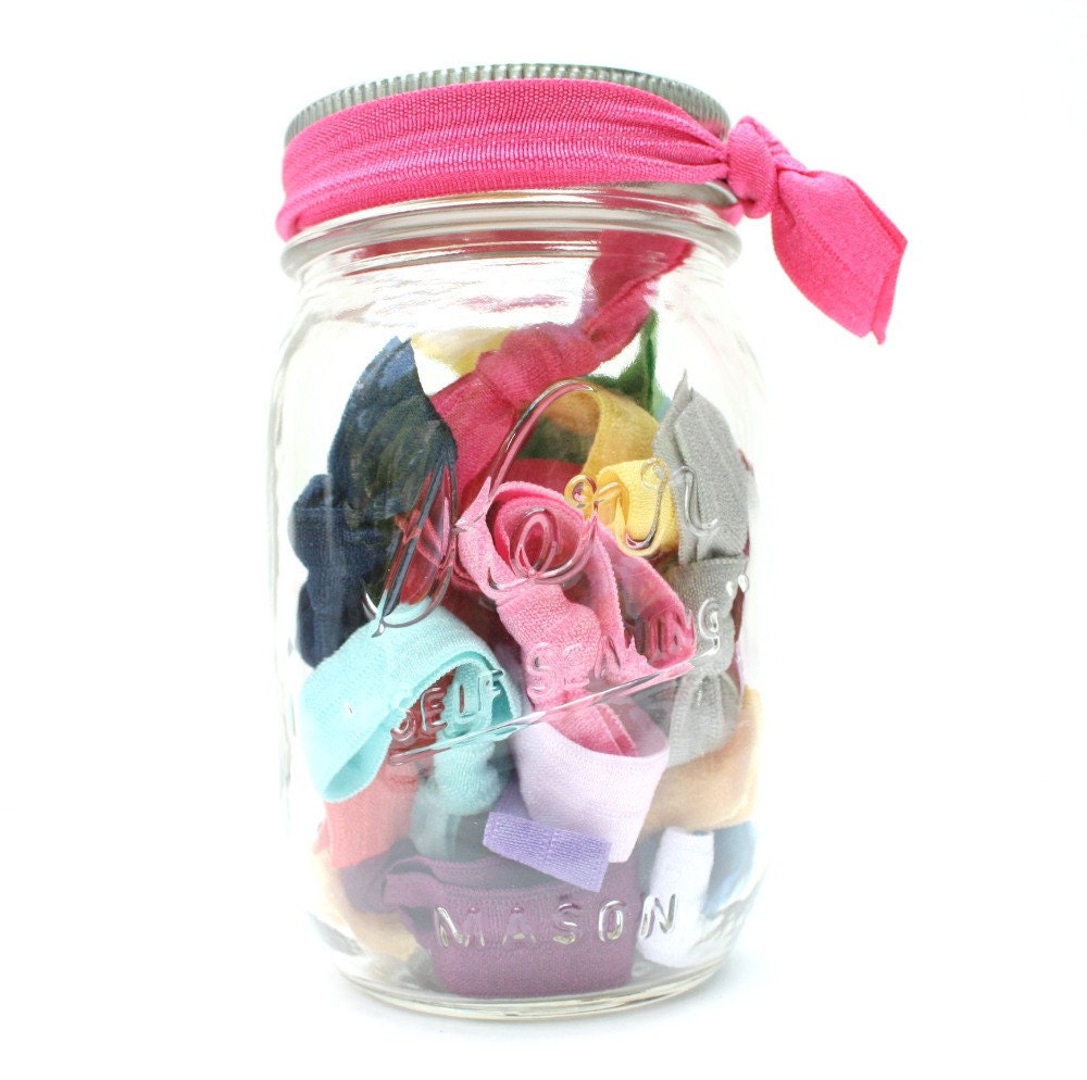 Ribbon Hair Tie Mason Jar - 25 Elastic Yoga Emi Jay Style Hairties, Bracelets - Hair Accessory Mason Jar Gift - Kids, Women, Graduation
