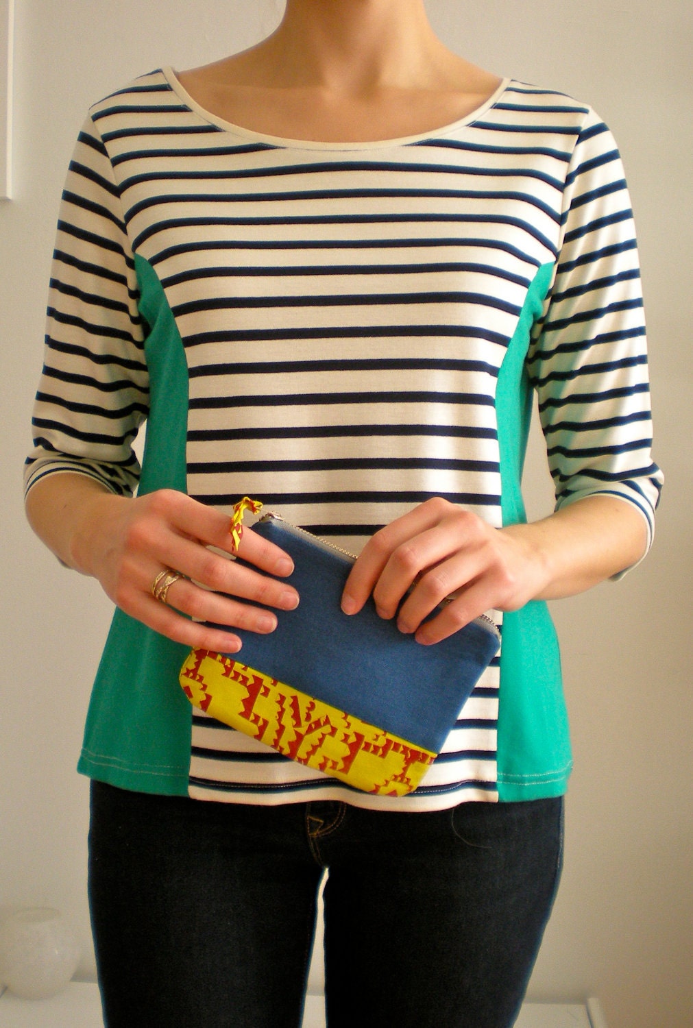 Blue denim purse with yellow and magenta screen printed panel, top zip