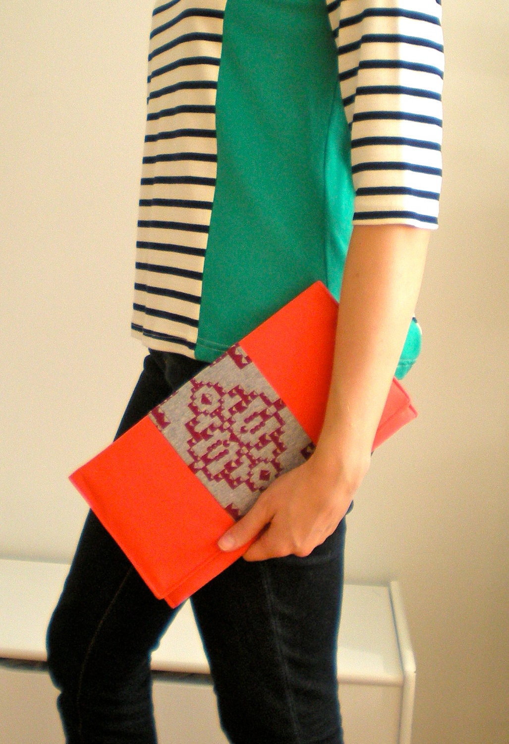 Red Twill Clutch with gray and magenta screenprint