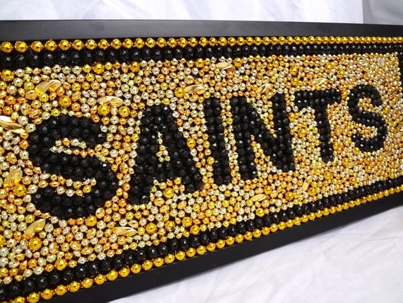 Custom Order Framed Mardi Gras bead mosaic, "Saints", black and gold, Who Dat, New Orleans, CIJ, men, media room, football art