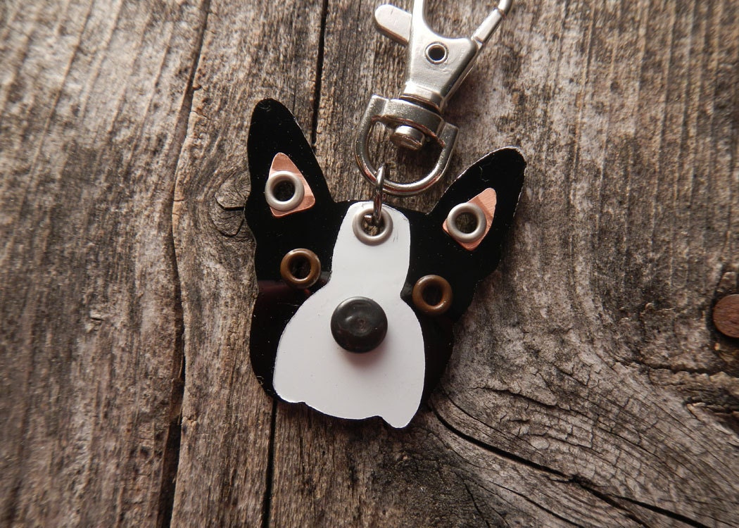 Keychain ID Key Chain Tag Boston Terrier Style 2 Breed Dog Pet Lover Copper Aluminum Custom Rivets Stamped