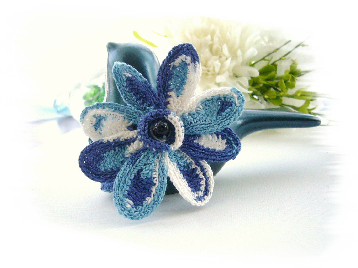 Crochet Bracelet White Blue Spring Flower Handmade Fashion Jewellery