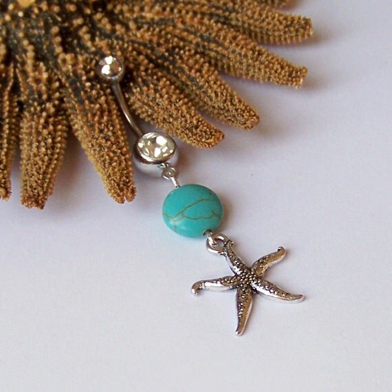 Belly Button Ring - Piercing - Curved Barbell - Navel Piercing - Starfish Tibetan Silver Pendant with Magnesite BEST SELLER