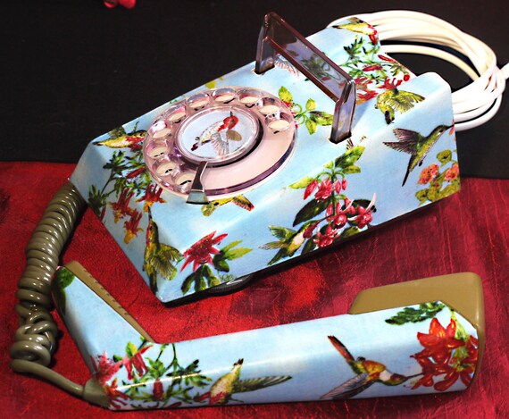 Unique Hummingbirds & Orchids Upcycled Vintage Rotary Trimphone FULLY WORKING