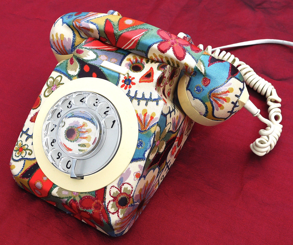 Unique Day of The Dead Sugar Skulls Decorated Upcycled Vintage Rotary Phone FULLY WORKING