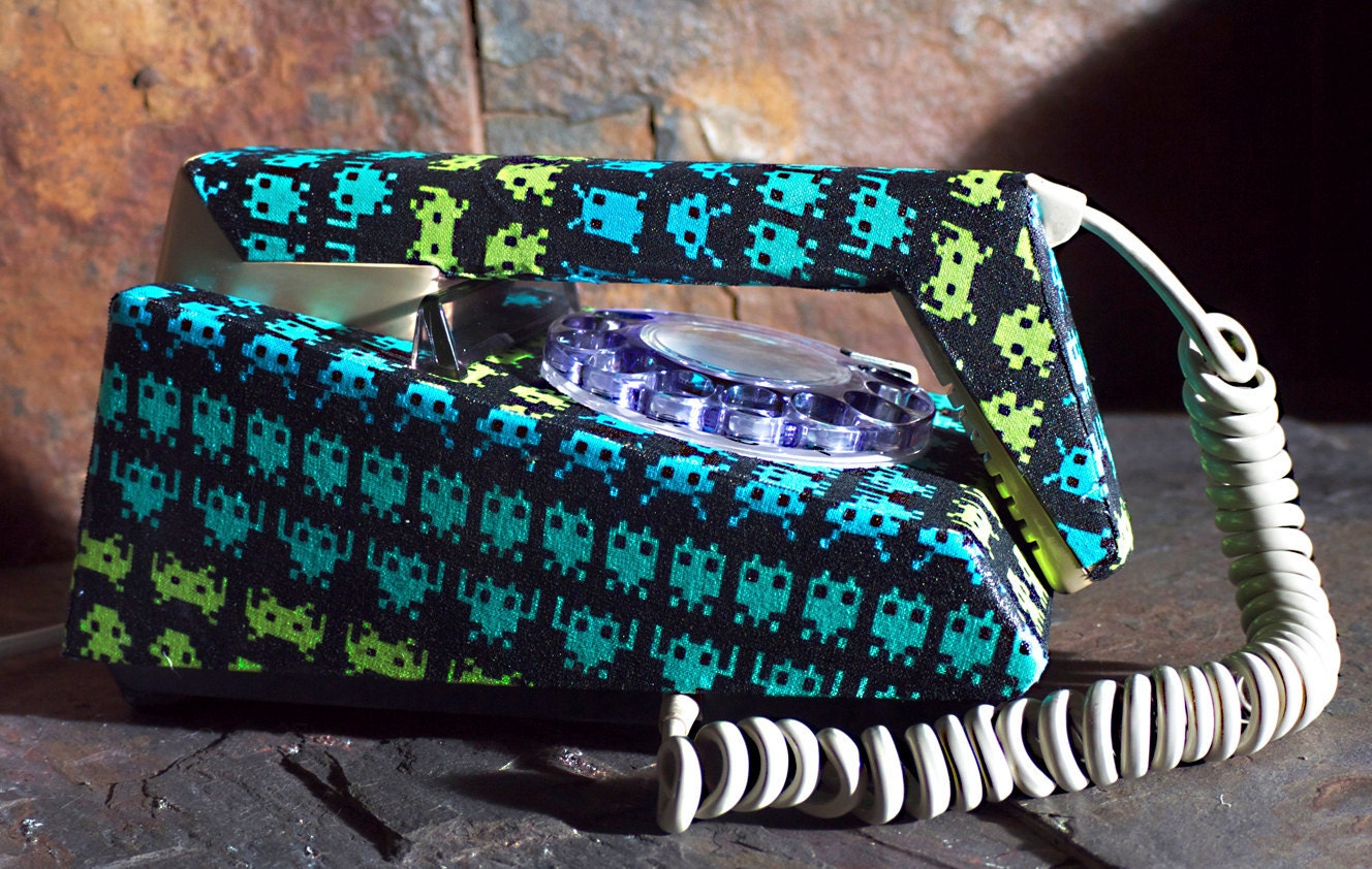 Unique Space Invaders Upcycled Decorated Vintage Rotary Trimphone FULLY WORKING