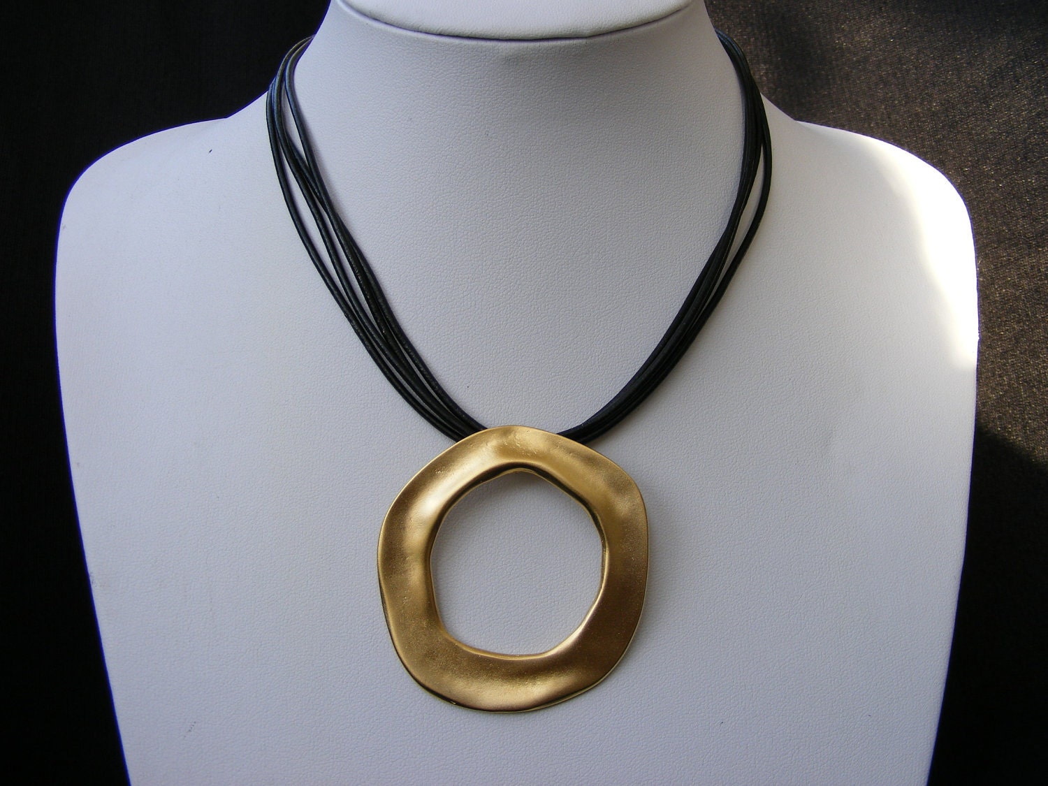 Black Leather Necklace with unique Gold Plated circle
