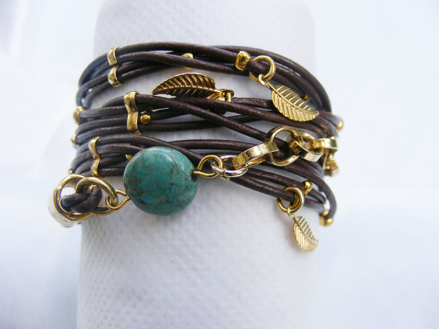 Women Leather Bracelet Brown wrap Multi-Strands with Gold plated Leaf Charms & turquoise stone