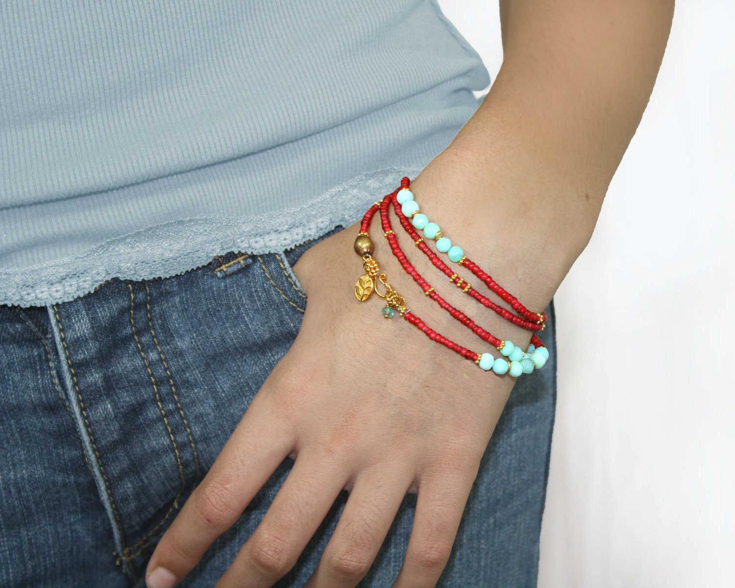 Runcible. Peruvian blue opal bracelet, Convertible to necklace or Anklet. Ruby, vermeil, brass and trade beads