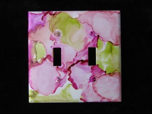 Handpainted Switch Plate Cover- Wall Decor--Pink and Green Tidbits of  Abstract Roses and Leaves in Alcohol Inks