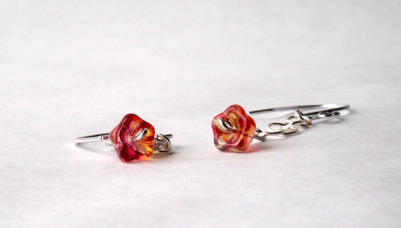 orangy-red flower...glass czech flower bead on jump rings sensitive ears