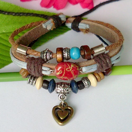 Genuine Hemp Leather Bracelet Wristband With Beautiful Turquoise Beads and Heart Pendant