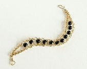 Brass Bracelet Black Beaded Dual Chain Upcycled Black Round Beads 7.5" Bracelet