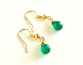 Brass Earrings Green Onyx Teardrop Briolette Brass Wire Wrapped Earrings Gilt Plated Findings