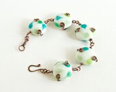 Copper Bracelet Green White Lampwork Beads Large Beads Chunky Bracelet Antiqued Copper Celtic Spirals