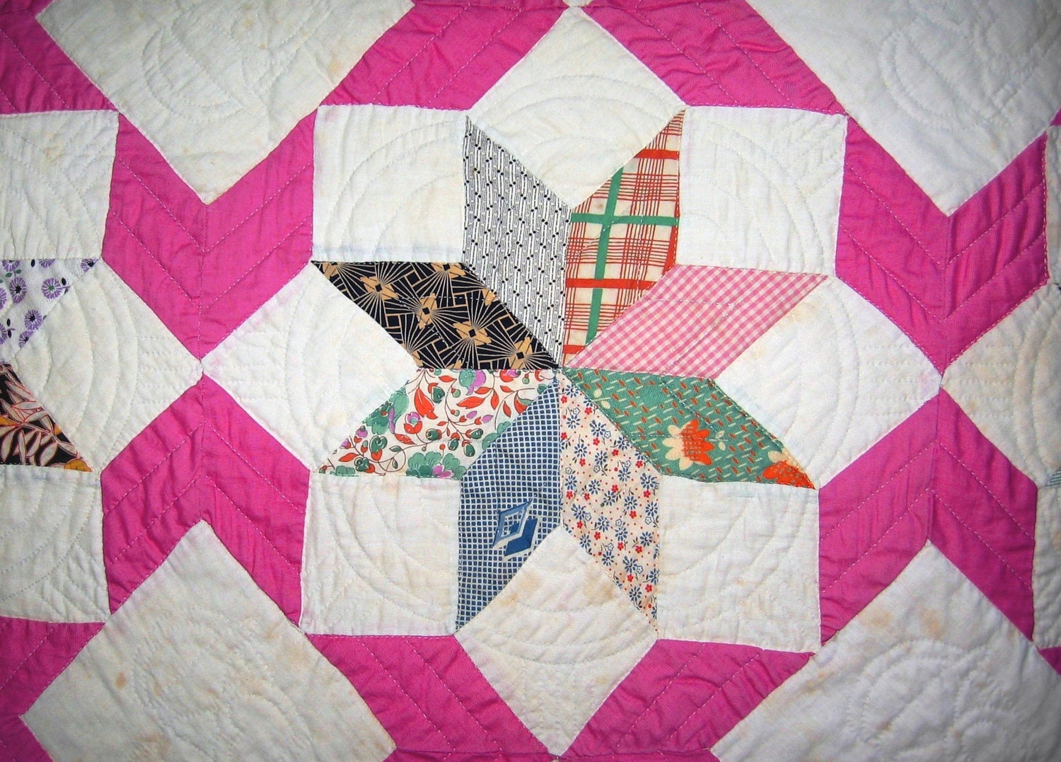 1930s Feedsack Quilt Patchwork Eight Pointed Star Le Moyne Star Scrap Quilt Depression Era Bubblegum Pink