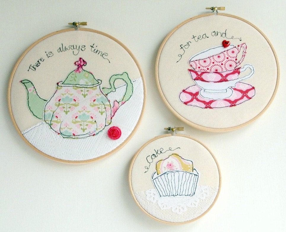 Teapot, teacups, cake trio of freestyle embroidery hoop art