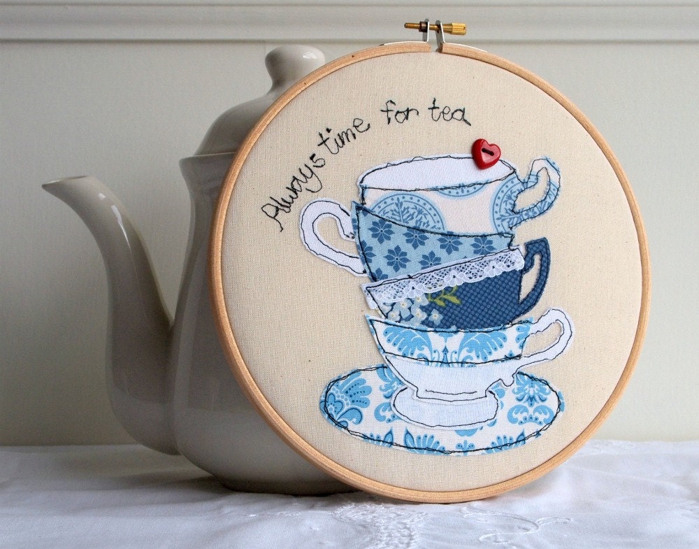 Embroidery hoop teacups stack freehand machine embroidery