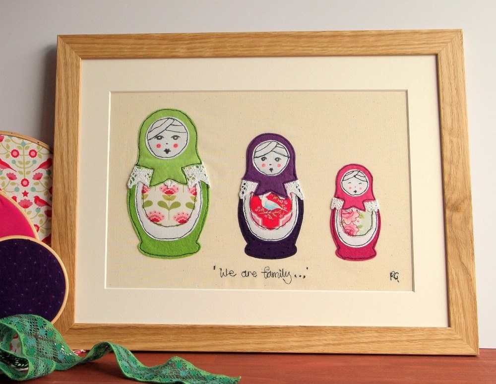Russian dolls freehand machine embroidery applique framed