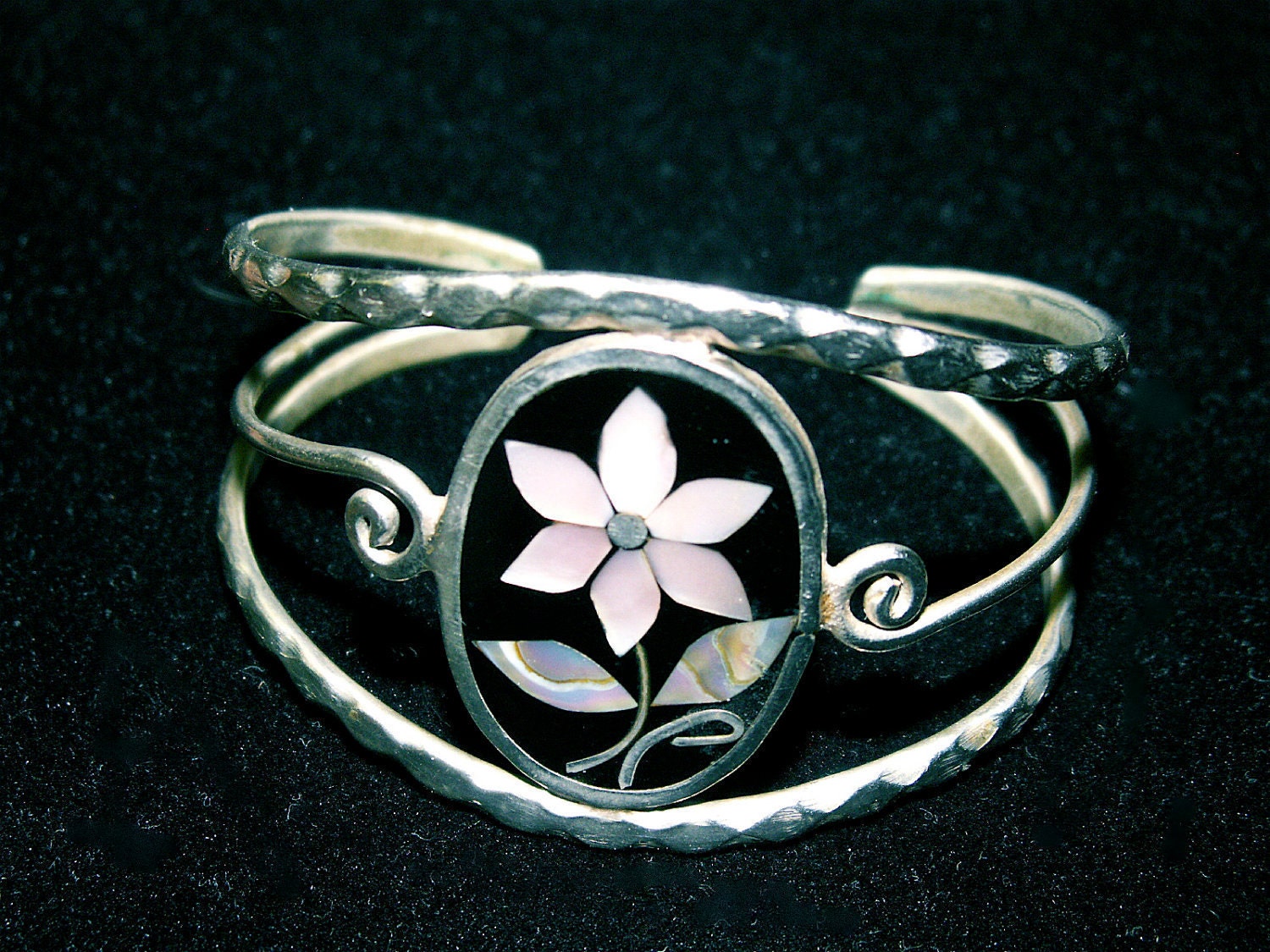 Sale Vintage Alpaca Mexico Silver Mosaic Flower Cuff Bracelet