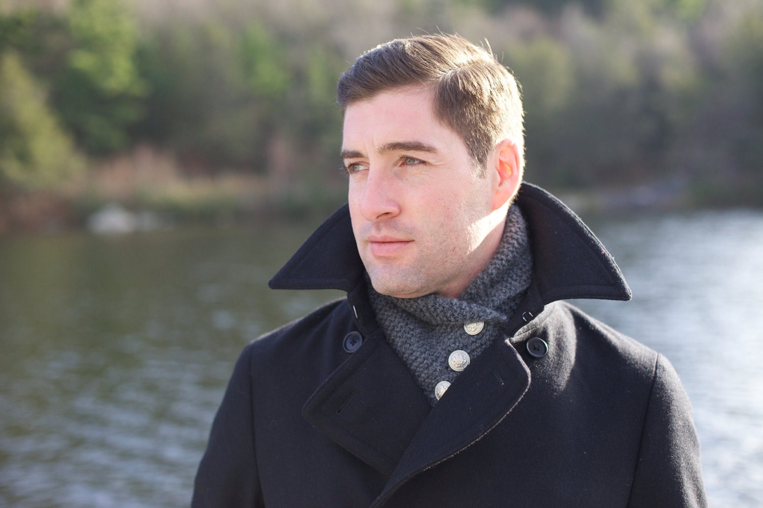 Gray Wool Collar Scarf with Buttons