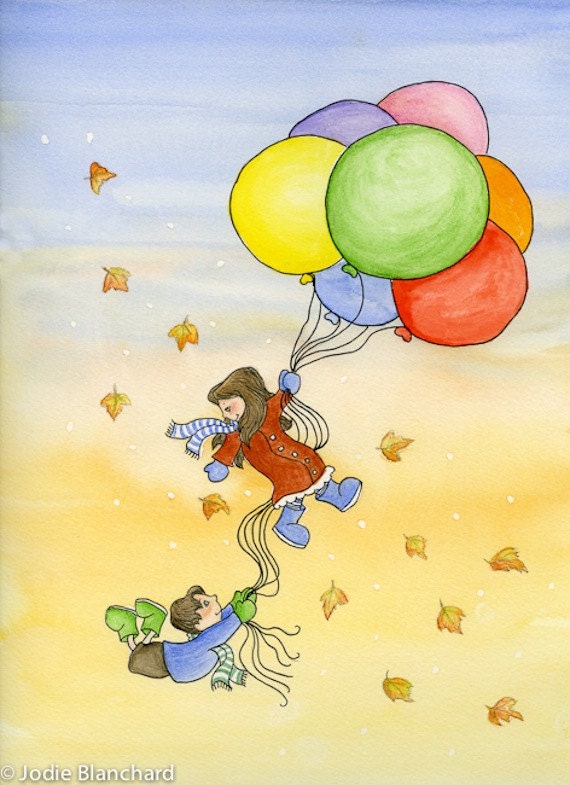 Children's Wall Art "Balloon Ride in Autumn" 5 x 7 Print