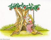 Whimsical Apple Girl Aceo Print 2.5 x 3.5 "The Apple Tree"