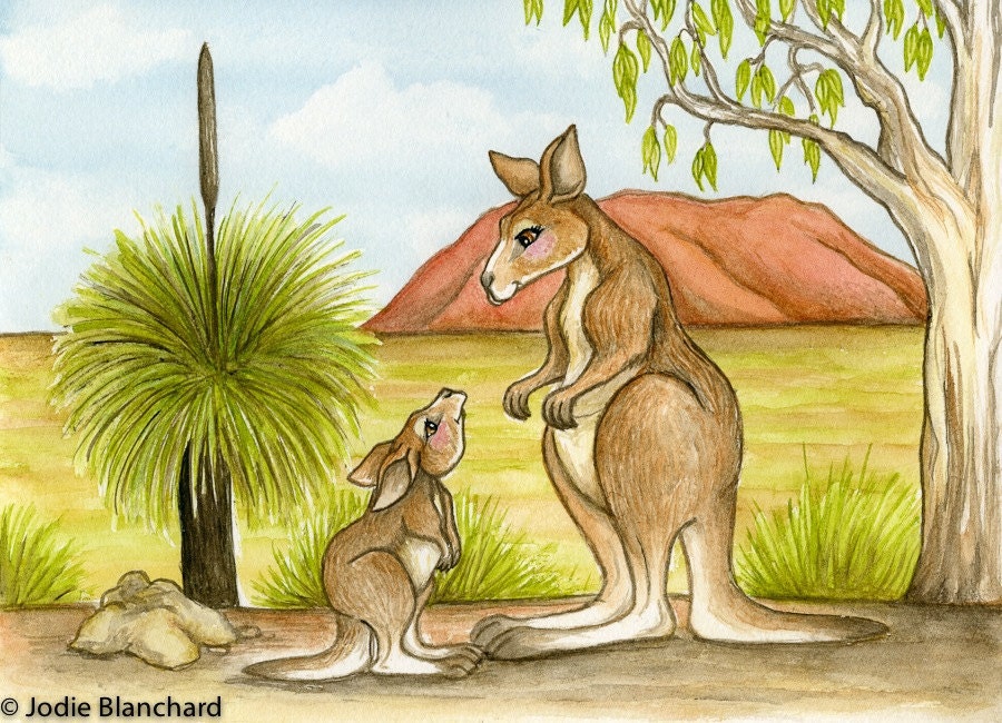Australian animal painting " Kangaroo Love " 5 x 7 Print