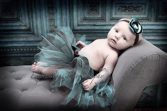 FREE SHIPPING this WEEK Teal and Brown Newborn tutu Set with Matching Silk Posie Pearl Headband Photography prop baby tutu