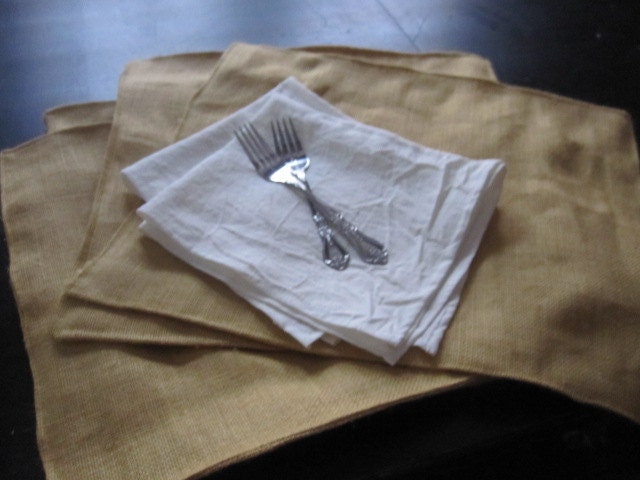 Barn Yellow Burlap Placemats and White Washed Linen Cloth Napkin Set