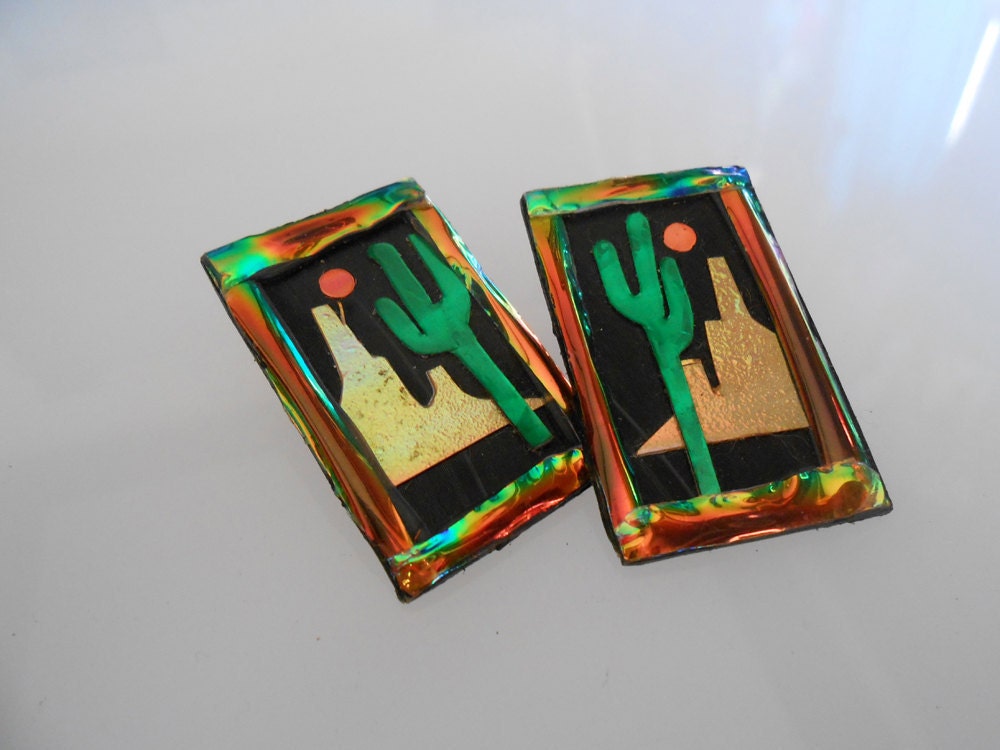 Vintage Earrings Recycled Records Cactus Desert Iridescent