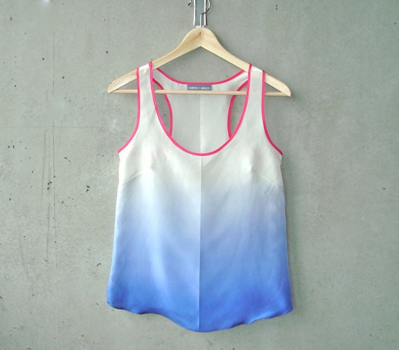Navy Ombré Blouse - contrast magenta pink trim, hand dye-painted and hand sewn