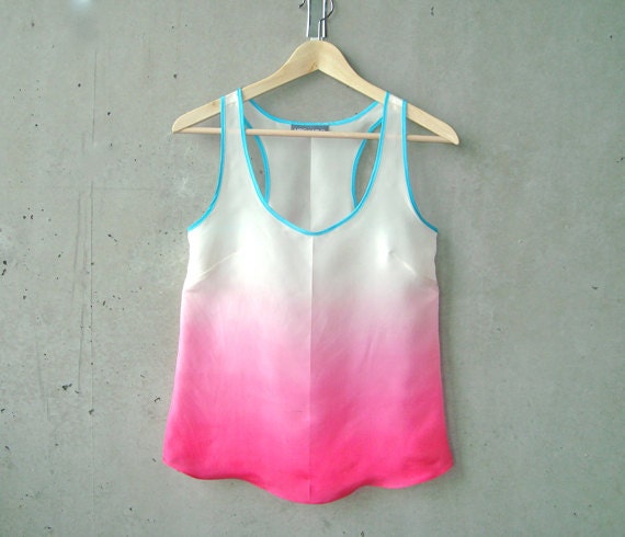 Magenta Pink Ombré Blouse - contrast turquoise trim, hand dye-painted and hand sewn