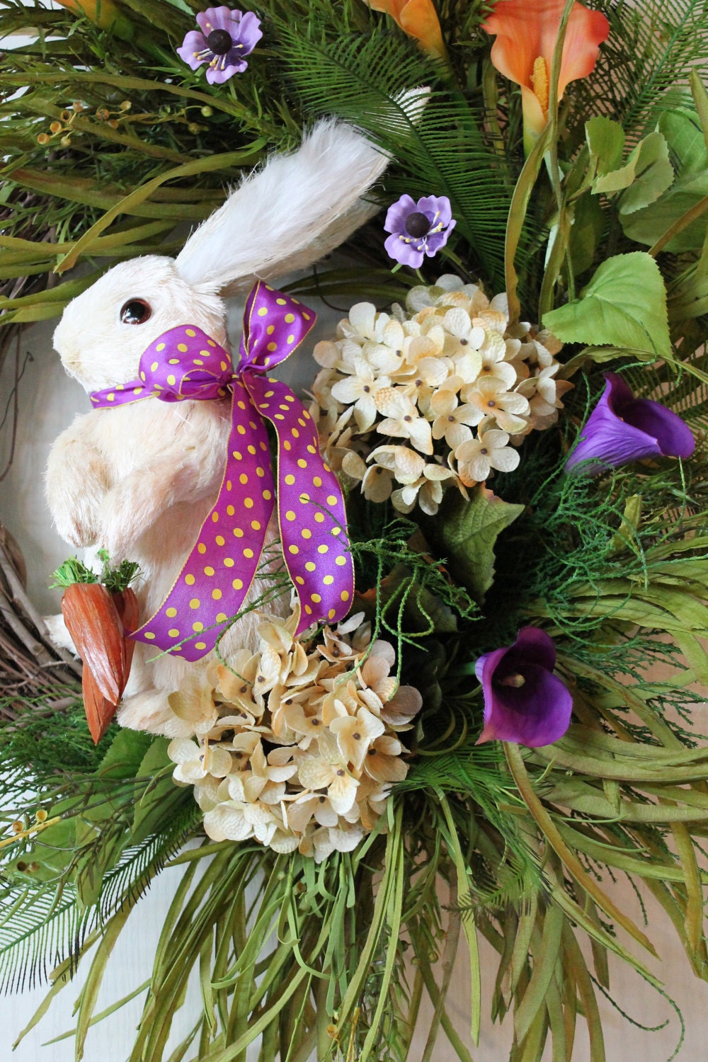 Easter Bunny Wreath, Straw Bunny, Hydrangeas, Lilies, Grass, Ferns, Wild Flowers -- FREE SHIPPING