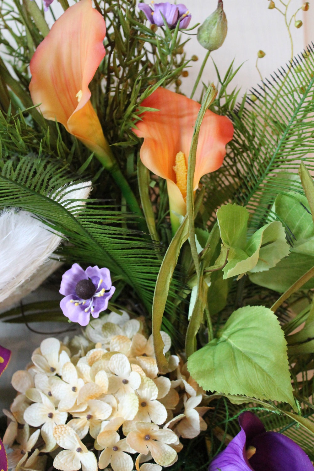 Easter Bunny Wreath, Straw Bunny, Hydrangeas, Lilies, Grass, Ferns, Wild Flowers -- FREE SHIPPING