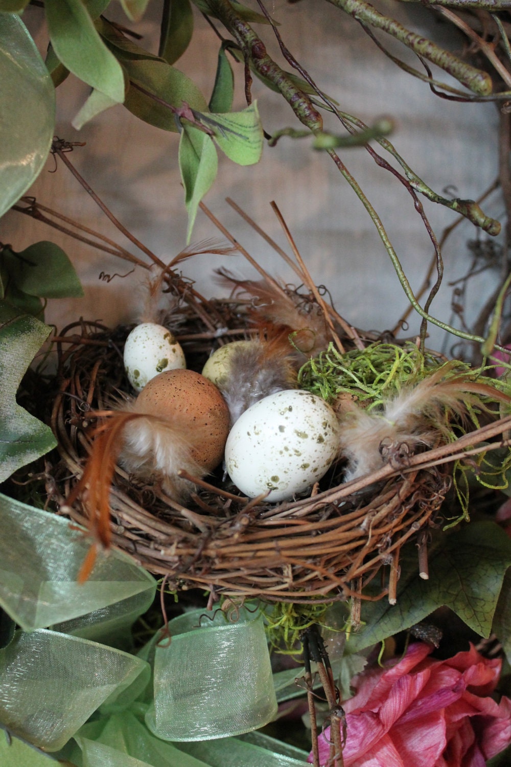 Front Door Wreath, Country Wreath, Summer Wreath, Fall Wreath, Bird Nest Wreath, Outdoor Wreath, Silk Wreath, Roses -- FREE SHIPPING