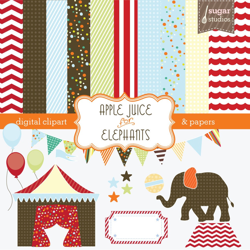 Circus Clipart and Digital Scrapbooking Papers Pack - Apple Juice for Elephants