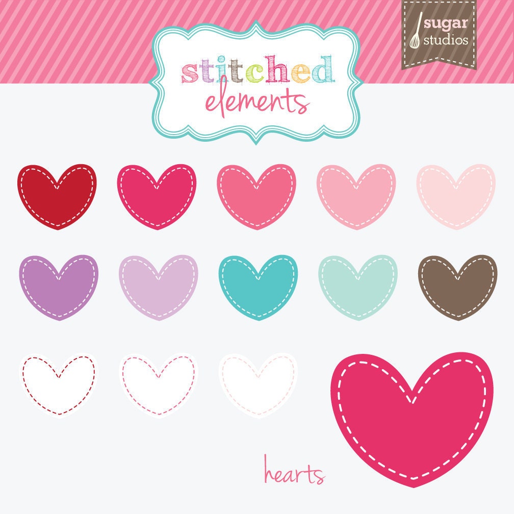 Stitched Hearts Digital Clipart - 13 Pieces for Personal & Commercial Use