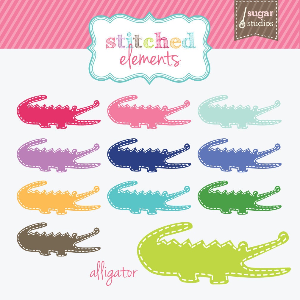 Stitched Alligator Digital Clipart - 11 Pieces for Personal & Commercial Use