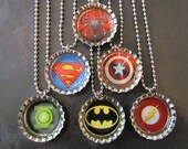 Super Hero /   Bottle Cap Party favors (6) / Spiderman / Superman / Captain America / Batman / Flash / Green Latern