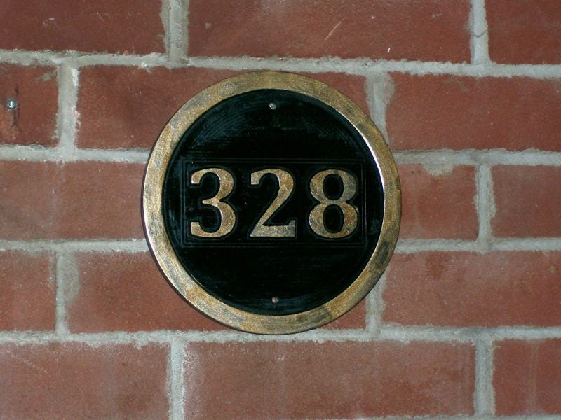 Custom Carved Address Sign Round Brass Finished Wood